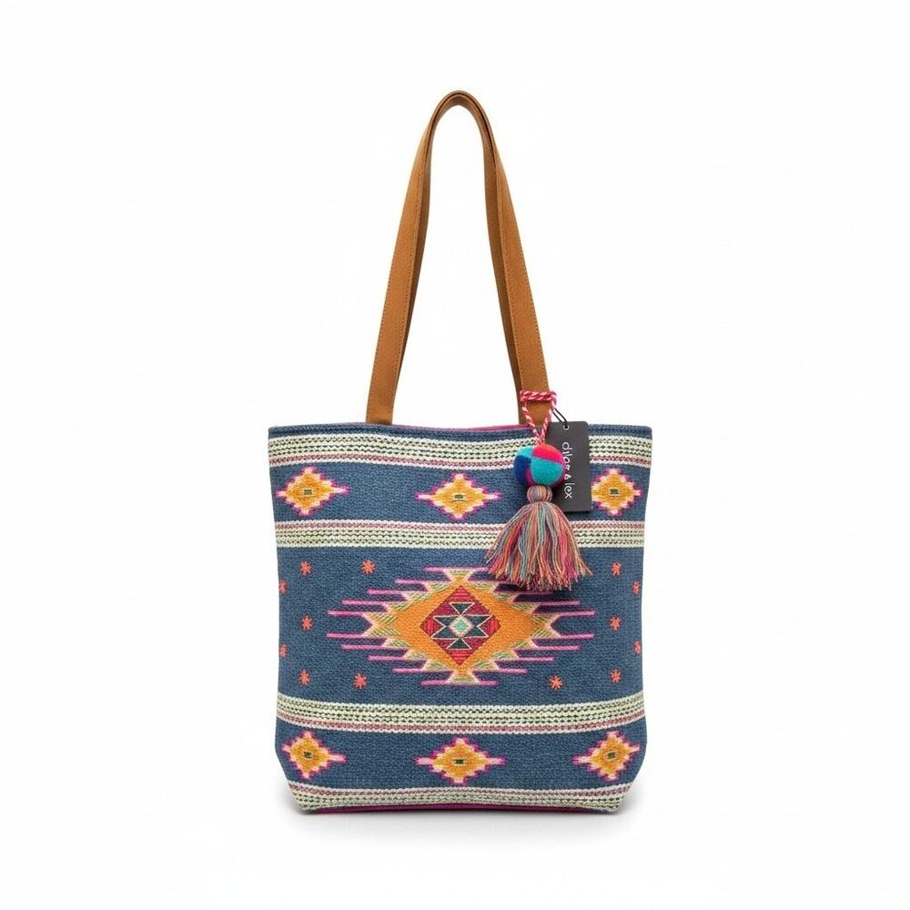 NWT Chloe & Lex Wool Tapestry Tote Bag Leather Boho Southwestern Print Tassel